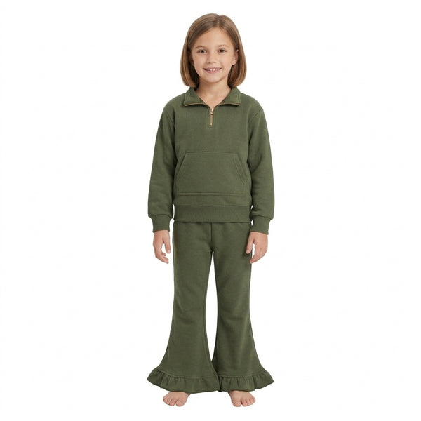 RTS GLP3492 toddler girl clothes solid green long sleeve ruffle flare pants outfit