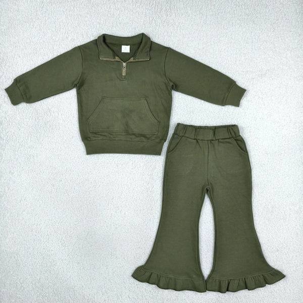 RTS GLP3492 toddler girl clothes solid green long sleeve ruffle flare pants outfit