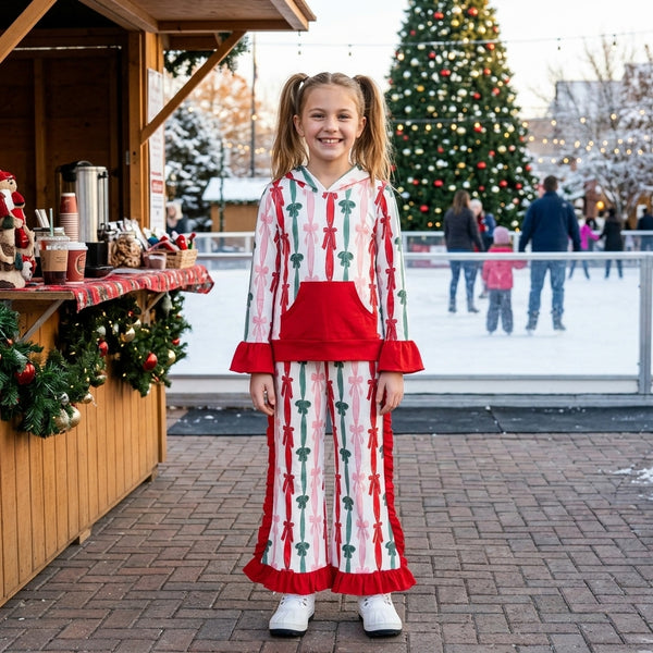 RTS GLP3497 baby girl clothes candy cane stripe print long sleeve hooded top flare pant set