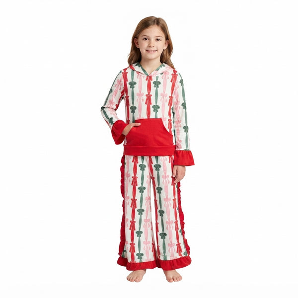 RTS GLP3497 baby girl clothes candy cane stripe print long sleeve hooded top flare pant set