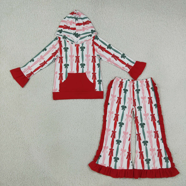 RTS GLP3497 baby girl clothes candy cane stripe print long sleeve hooded top flare pant set