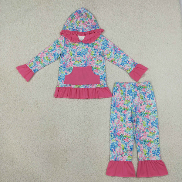 RTS Matching clothing floral mixed print kid long sleeve ruffle hooded top flare pant fall clothing-2026.9.28