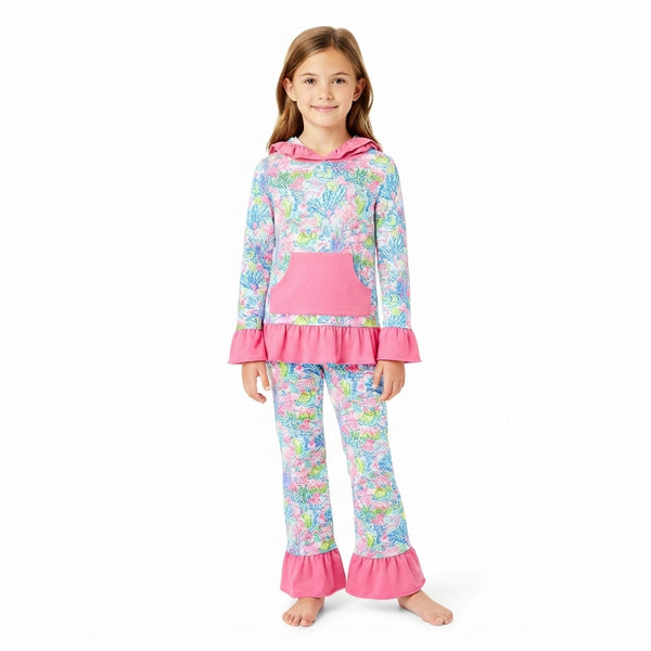 RTS GLP3518 baby girl clothes floral print hooded top pant outfit