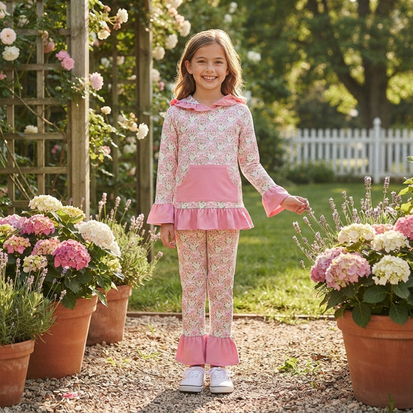 RTS GLP3520 baby girl clothes floral print long sleeve hooded top ruffle pant outfit