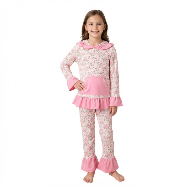 RTS GLP3520 baby girl clothes floral print long sleeve hooded top ruffle pant outfit