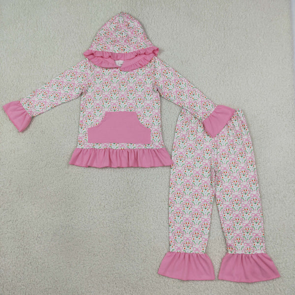 RTS GLP3520 baby girl clothes floral print long sleeve hooded top ruffle pant outfit