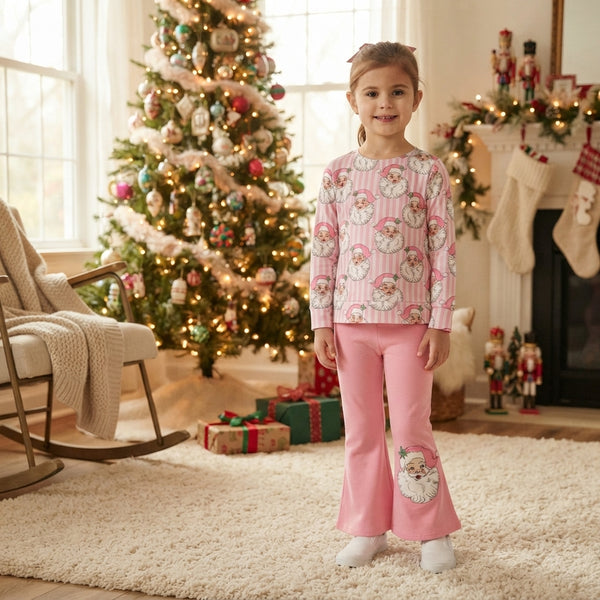 RTS GLP3538 baby girl clothes christmas santa claus stripe print long sleeve flare pant outfit