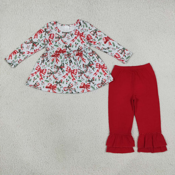 RTS Matching clothing kids Christmas bow print toddler girl long sleeve dress and ruffle pants-2026.10.7