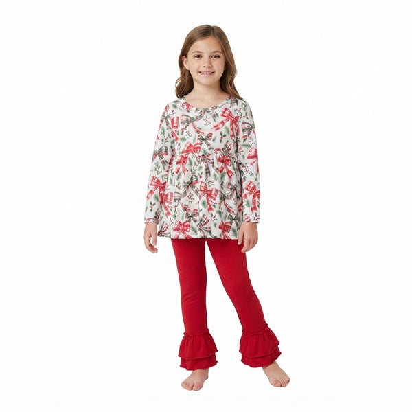 RTS GLP3541 baby girl clothes floral bow print long sleeve top flare pant outfit