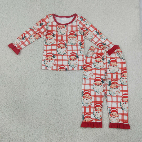 RTS Matching clothing kids christmas santa gingham print toddler girl long sleeve dress pajama set with blanket-2026.10.7