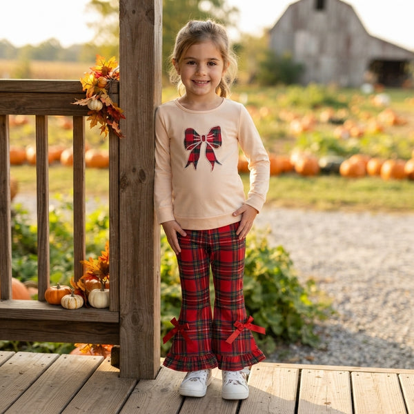 RTS GLP3547 baby girl clothes plaid bow print long sleeve flare pant outfit