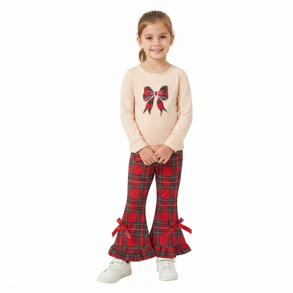 RTS GLP3547 baby girl clothes plaid bow print long sleeve flare pant outfit