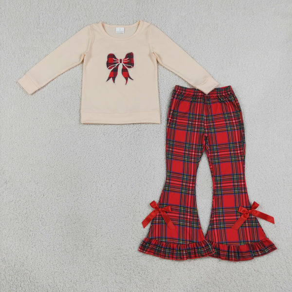 RTS GLP3547 baby girl clothes plaid bow print long sleeve flare pant outfit