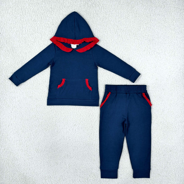 RTS GLP3564 toddler girl clothes cotton navy red ruffle trim long sleeve winter hoodies pants set