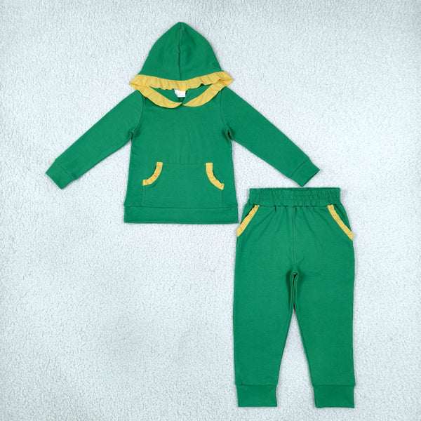 RTS GLP3569 toddler girl clothes solid contrast ruffle long sleeve hooded outfit