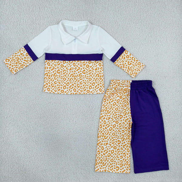 RTS GLP3580 toddler girl clothes color block leopard print long sleeve polo outfit