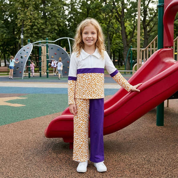 RTS GLP3580 toddler girl clothes color block leopard print long sleeve polo outfit