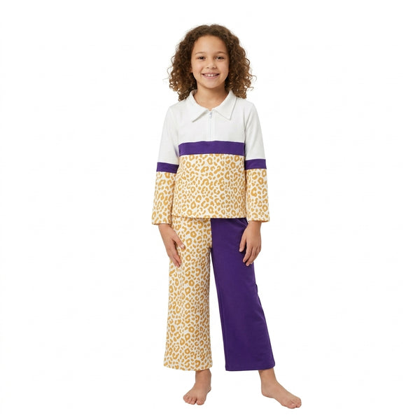 RTS GLP3580 toddler girl clothes color block leopard print long sleeve polo outfit