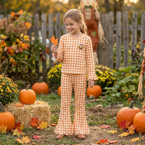 RTS GLP3588 toddler girl clothes gingham Thanksgiving embroidery long sleeve outfit