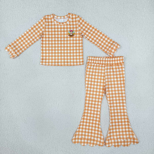 RTS GLP3588 toddler girl clothes gingham Thanksgiving embroidery long sleeve outfit