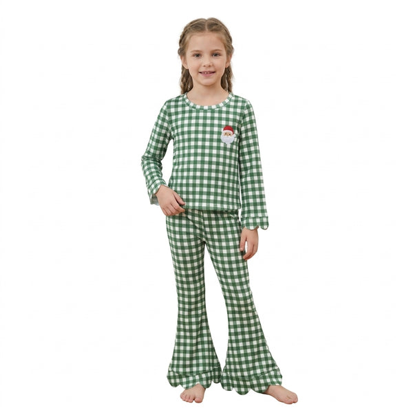 RTS GLP3589 toddler girl clothes Christmas gingham embroidery long sleeve ruffle flare pants outfit