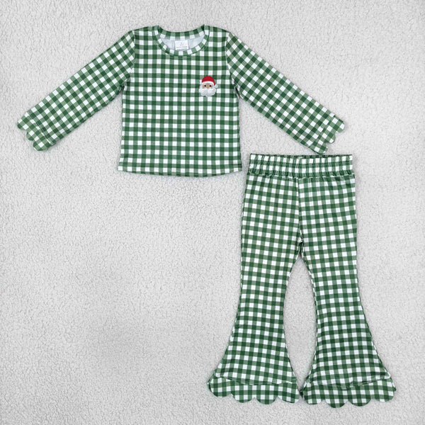 RTS GLP3589 toddler girl clothes Christmas gingham embroidery long sleeve ruffle flare pants outfit
