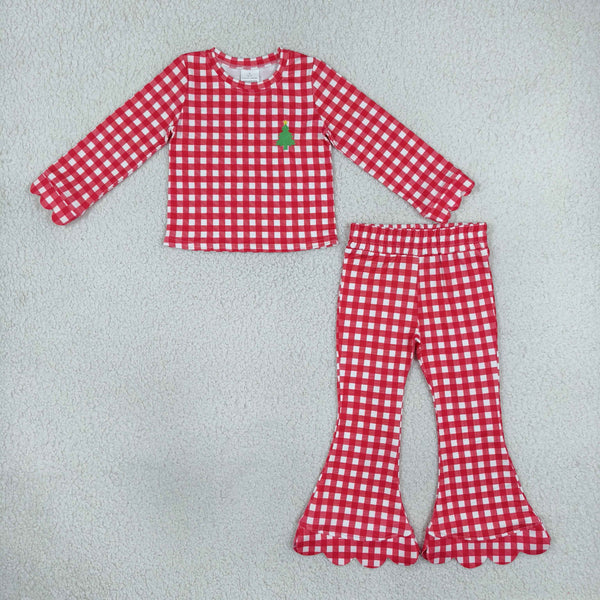 RTS GLP3590 toddler girl clothes Christmas red embroidery long sleeve ruffle flare pants outfit