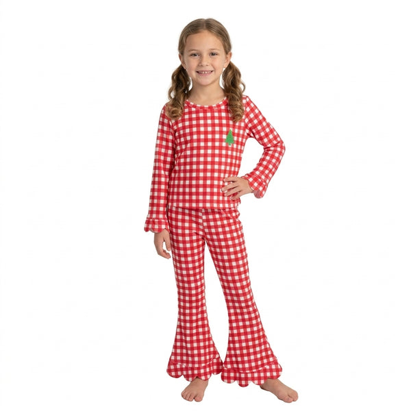 RTS GLP3590 toddler girl clothes Christmas red embroidery long sleeve ruffle flare pants outfit