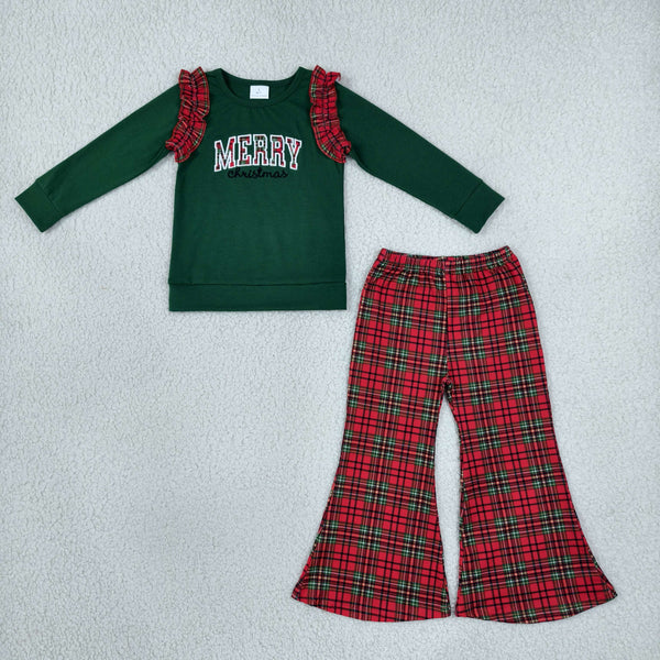 RTS GLP3595 toddler girl clothes Merry embroidery long sleeve flare pants outfit christmas clothes