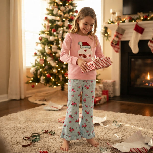 RTS GLP3596 toddler girl clothes santa embroidery long sleeve flare pants outfit