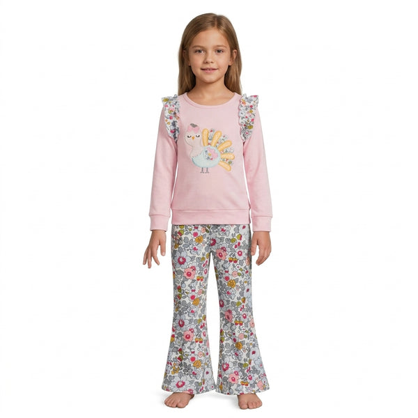 RTS GLP3597 toddler girl clothes ruffle long sleeve flare pants outfit   turkey embroidery floral  thanksgiving clothes