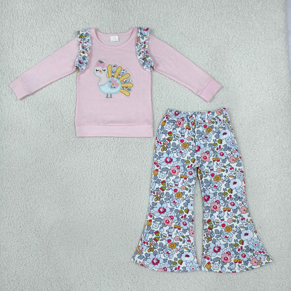RTS GLP3597 toddler girl clothes ruffle long sleeve flare pants outfit   turkey embroidery floral  thanksgiving clothes