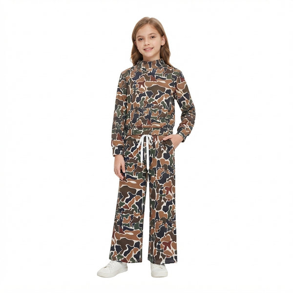 RTS GLP3601 baby girl clothes camo mixed print long sleeve top wide leg pant yoga athletic set