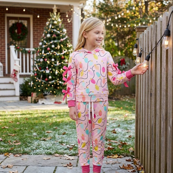 RTS GLP3613 toddler girl clothes light bulb print long sleeve hooded bow outfit christmas clothes