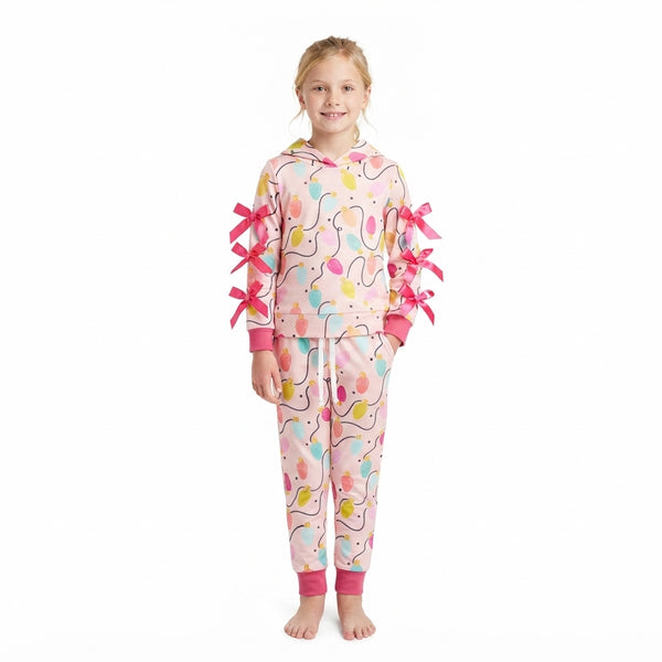 RTS GLP3613 toddler girl clothes light bulb print long sleeve hooded bow outfit christmas clothes