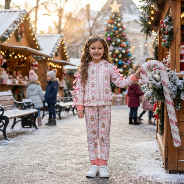 RTS GLP3614 baby girl clothes gingerbread bow print long sleeve hooded top pant outfit