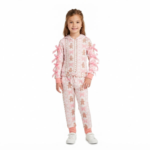 RTS GLP3614 baby girl clothes gingerbread bow print long sleeve hooded top pant outfit
