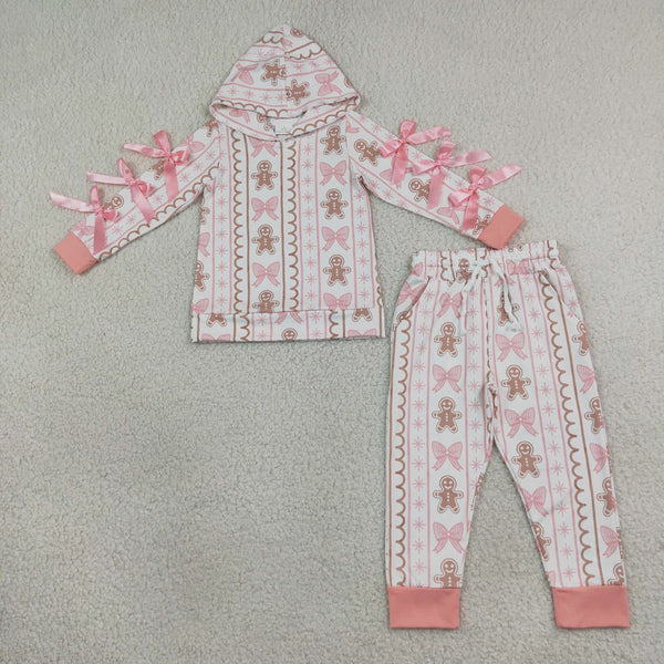 RTS GLP3614 baby girl clothes gingerbread bow print long sleeve hooded top pant outfit