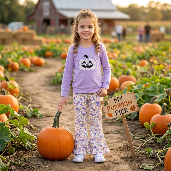 RTS GLP3618 baby girl clothes halloween pumpkin embroidery print long sleeve flare pant outfit