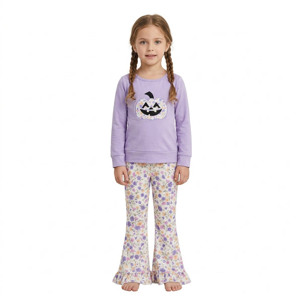 RTS GLP3618 baby girl clothes halloween pumpkin embroidery print long sleeve flare pant outfit