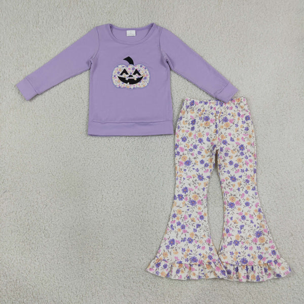 RTS GLP3618 baby girl clothes halloween pumpkin embroidery print long sleeve flare pant outfit