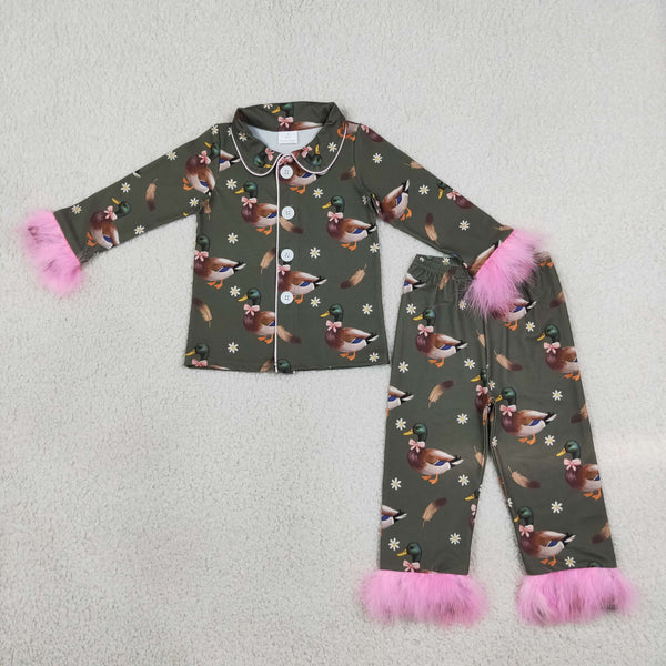 RTS GLP3629 baby girl clothes duck print long sleeve fur trim pant outfit winter pajamas set