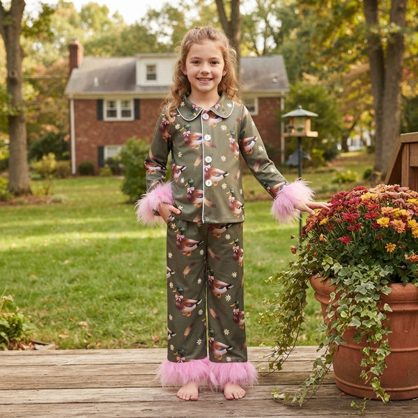 RTS GLP3629 baby girl clothes duck print long sleeve fur trim pant outfit winter pajamas set