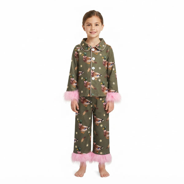 RTS GLP3629 baby girl clothes duck print long sleeve fur trim pant outfit winter pajamas set