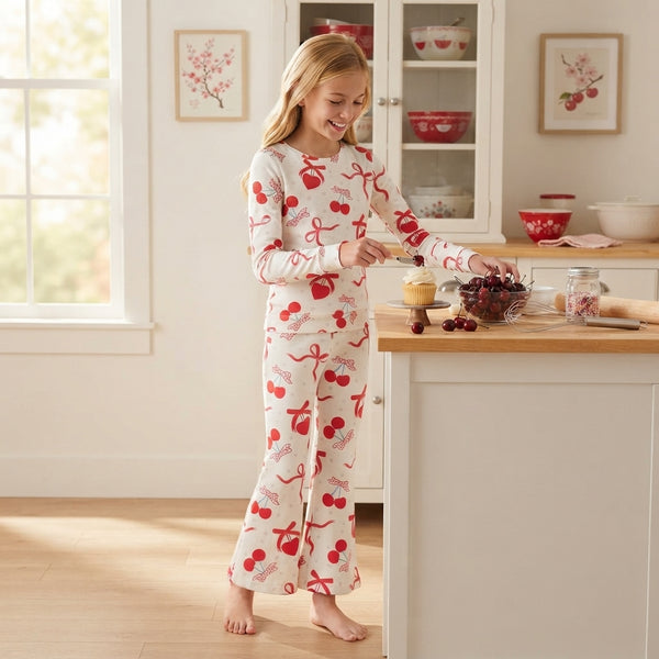 RTS GLP3636 toddler girl clothes cherry print long sleeve flare pants outfit