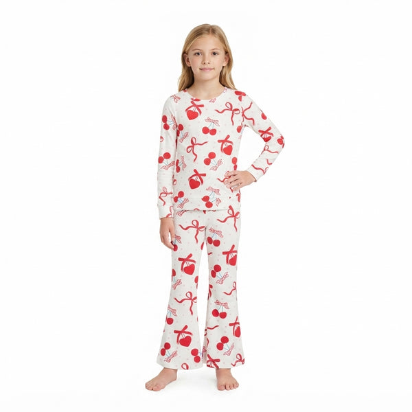 RTS GLP3636 toddler girl clothes cherry print long sleeve flare pants outfit