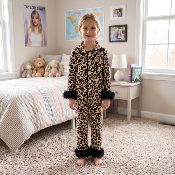 RTS GLP3640 baby girl clothes leopard print long sleeve fur trim pant outfit