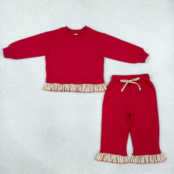 RTS GLP3644 toddler girl clothes  red ruffle trim long sleeve top and pants outfit winter christmas clothing set