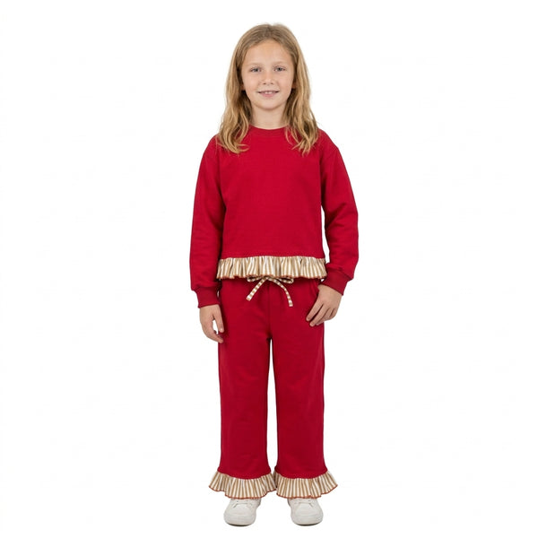 RTS GLP3644 toddler girl clothes  red ruffle trim long sleeve top and pants outfit winter christmas clothing set
