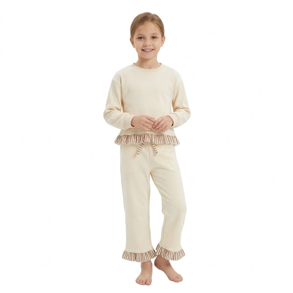 RTS GLP3645 toddler girl clothes sweater clothes cream ruffle trim long sleeve top and pants outfit winter clothes
